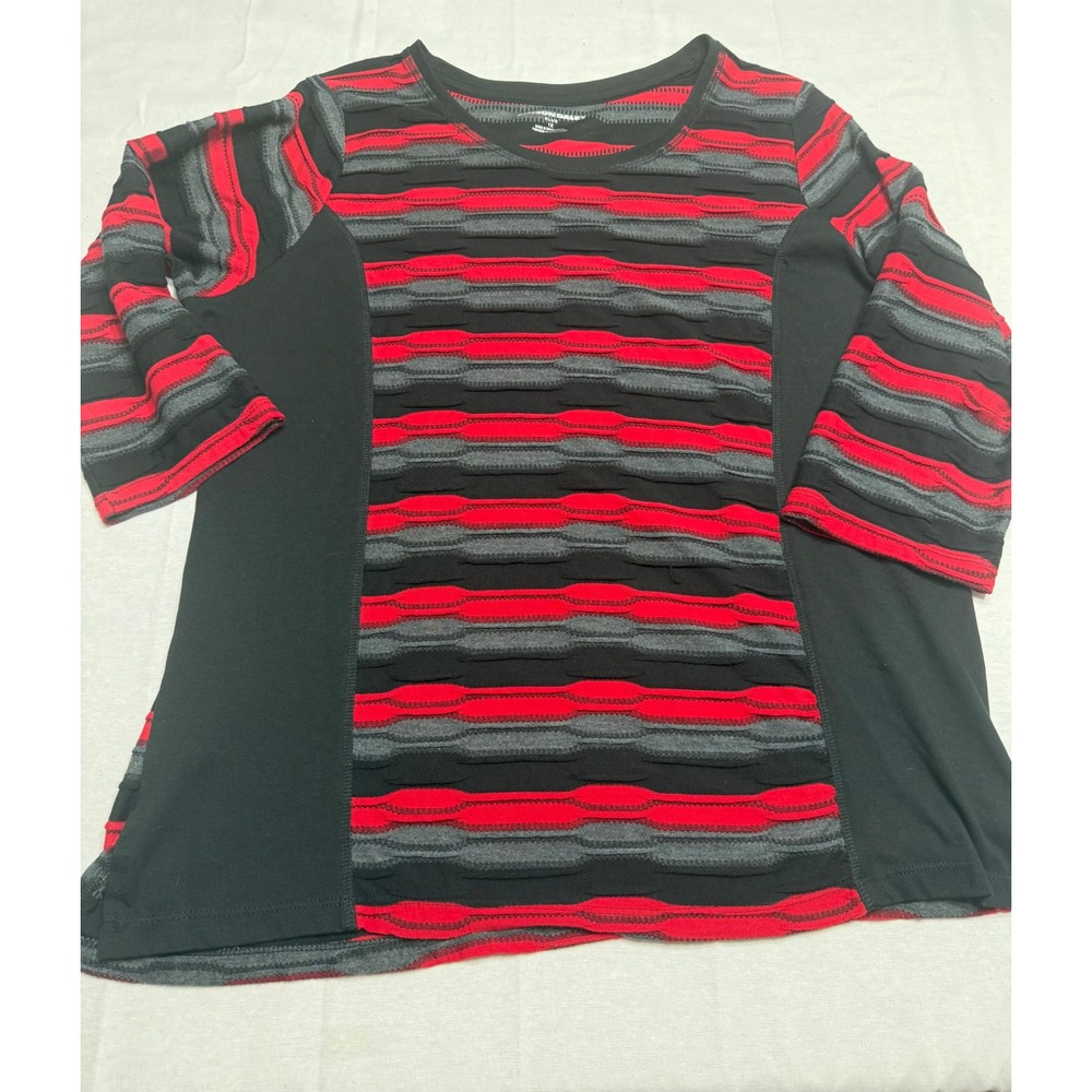 Allison Daley Plus Red Black Textured Stripe 3/4 Sleeve Top 1X Slimming Panels - Picture 1 of 6